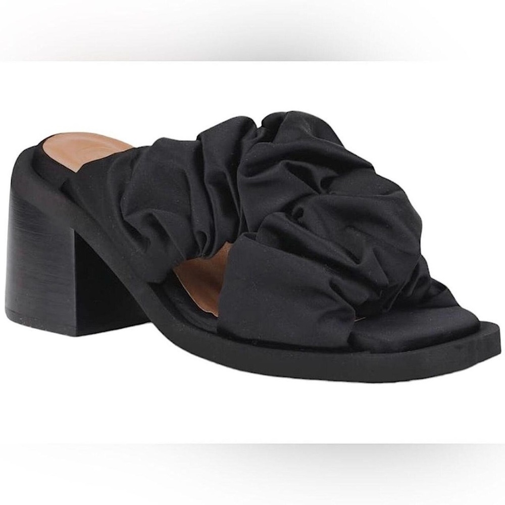 GANNI Black Ruched Satin Block Heel Slides